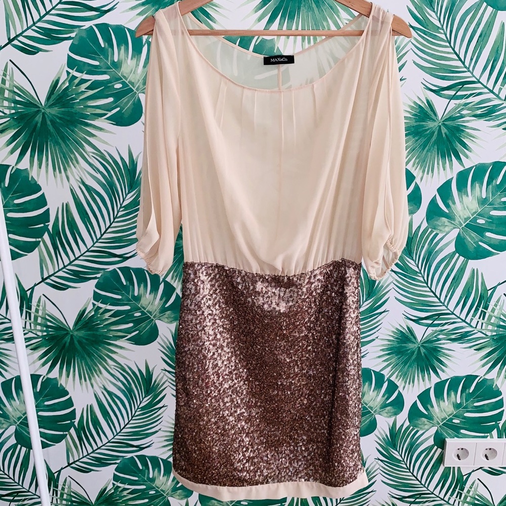 Nude and Gold Sequin Party Dress